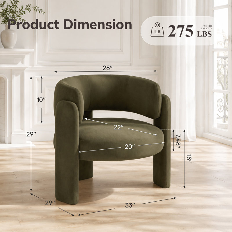 33" Wide Upholstered Modern 3-Legs Barrel Accent Chair, Green Velvet