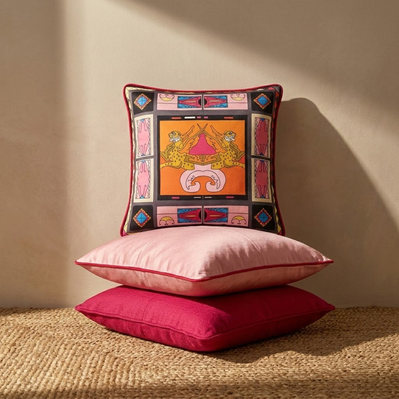 Zeugma Mosaic Printed Silk Pillow, Bright Pink