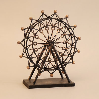 Industrial Metal Ferris Wheel Decor, Spinning Iron Wireframe Sculpture in Antique Bronze for Shelf, Desk & Tabletop