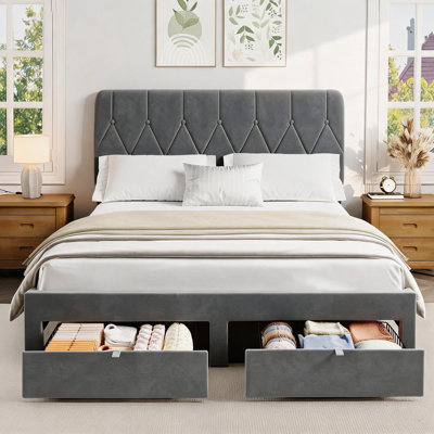 Structure de lit tapissier en velours avec 2 tiroirs de rangement et tête de lit - Taille double - Support à lattes en bois - Aucun sommier nécessaire - Assemblage facile - Couleur: gris, taille: F