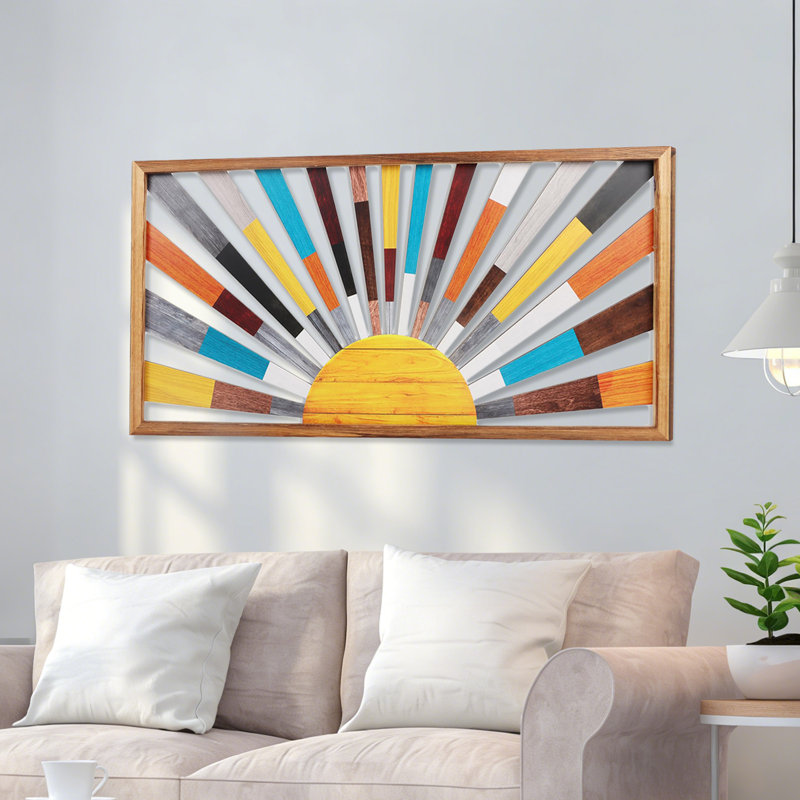 Large Framed Boho Sun Wooden Wall Art Rainbow Sun Rising On Horizon 16x32 Inch Geometric Sunshine For Living Room Bedroom And Office