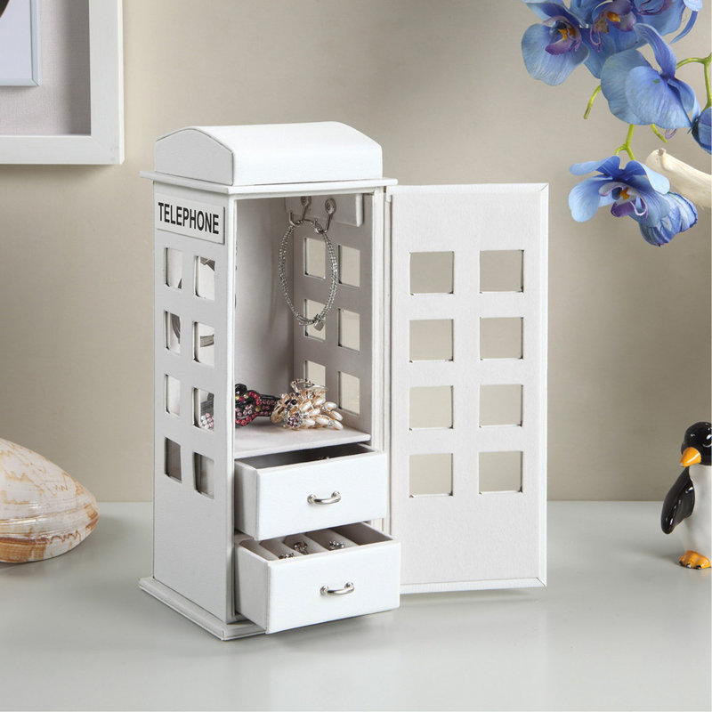 Grande boîte à bijoux en cuir 11,5 po, conception de téléphone britannique, blanc, White, White