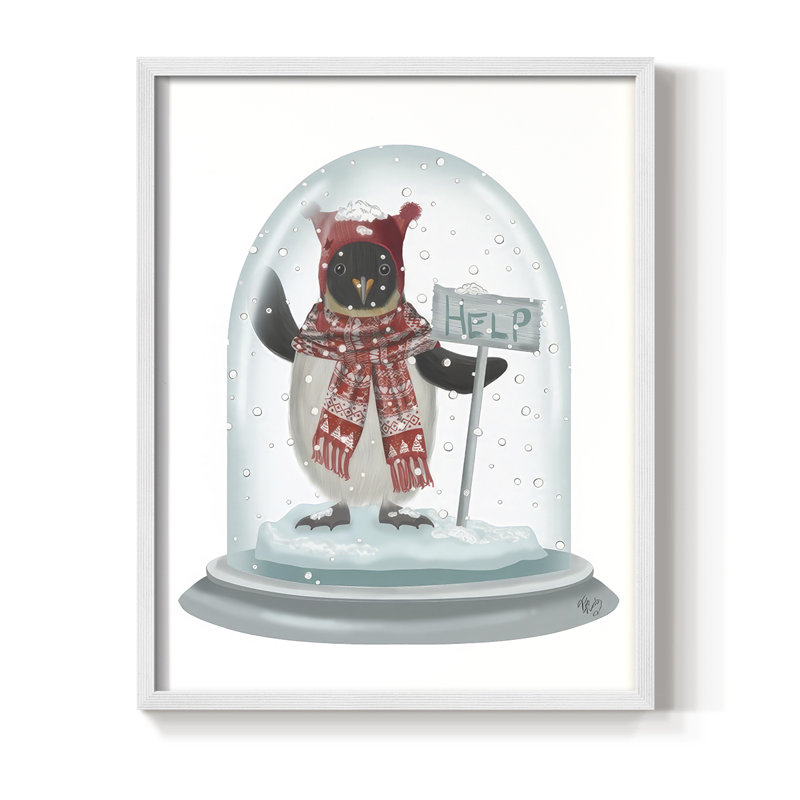 «Christmas Penguin Snow Globe», reproduction encadrée - bois massif, H 21 po x l 17 po, Blanc