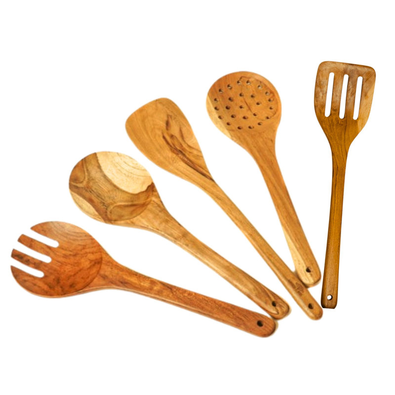 Ensemble d'ustensiles de cuisine en bois de teck 5 pièces