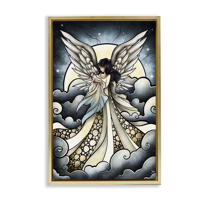 Cadre flottant classique avec ange et bébé dans les nuages, design par Mandie Manzano, H 25 po x l 17 po