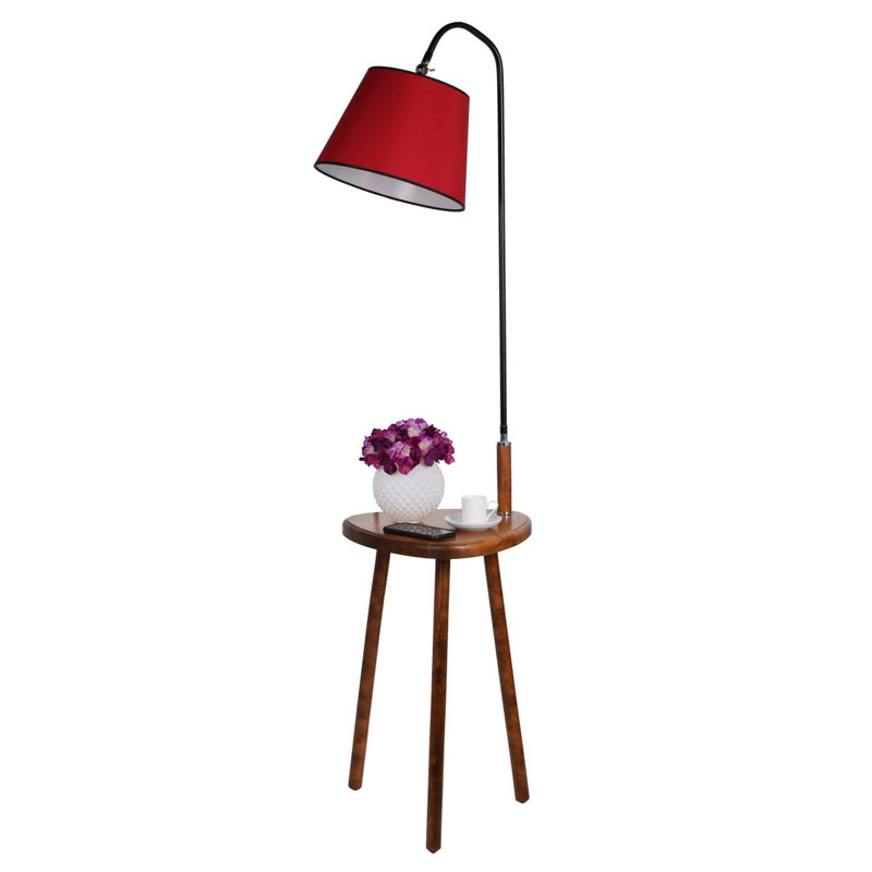 Lampe sur pied élégante avec table en bois et corps en métal Luro, couleur noyer, hauteur de 63,0 po | Table 15,0 po x 15,0 po | Douille E27, 60 W maximum | Interrupteur marche / arrêt sur câble, peinture électrostatique séchée au four | Parfait pour le salon et la chambre à coucher