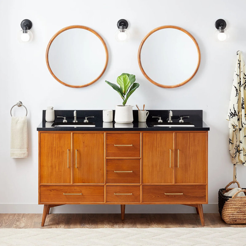 60" Novak Double Bathroom Vanity Set with Rectangular Undermount Sinks, Carrara Marble, 8" Widespread, Natural Teak