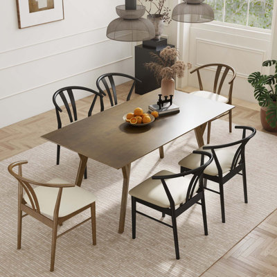 Ensemble de salle à manger moderne 7 pièces, table à manger en bois à 4 pieds avec 6 chaises triangulaires