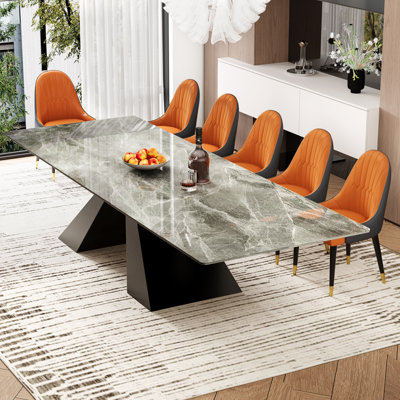 Grande table de salle à manger extensible moderne 78,74 "à 110,24" en pierre frittée moderne avec base en acier au carbone noir
