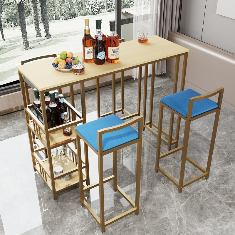 Ensemble de table de bar et chaise cinq pièces, structure dorée, plateau de table multicouche, coussin de chaise et dossier en éponge, table avec fonction de rangement (or + beige + bleu)