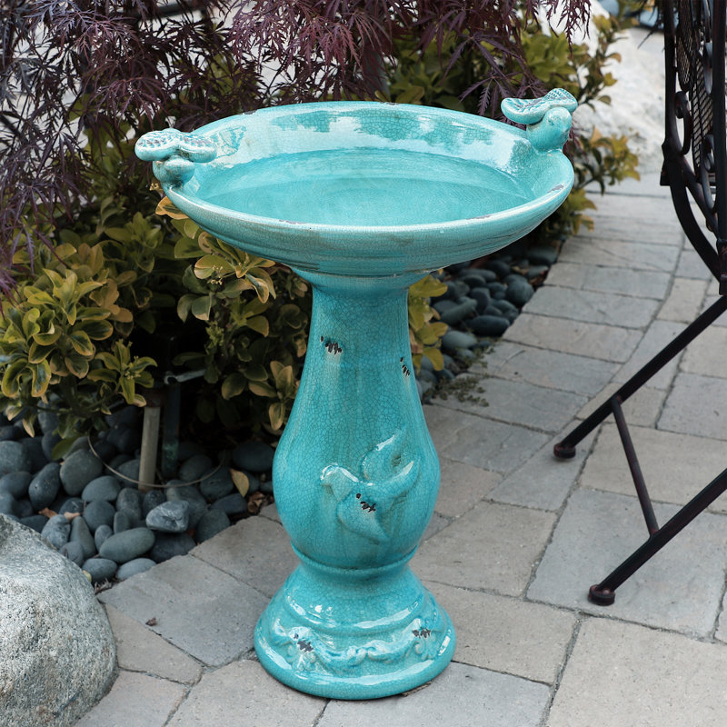 Ceramic / Porcelain Pedestal Birdbath, Turquoise