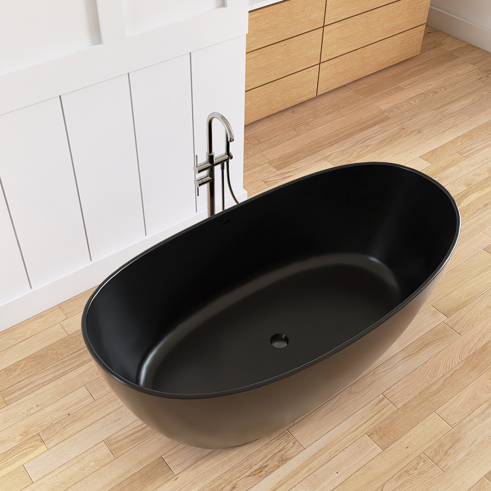 Forma 65'' Freestanding Bathtub Solid Surface Deep Soaking Tubs Double Slippers, Matte Black