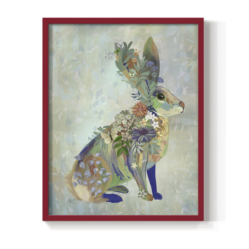 Fantastic Florals Hare, assis, reproduction encadrée - bois massif, Rouge, H 10 po x l 8 po