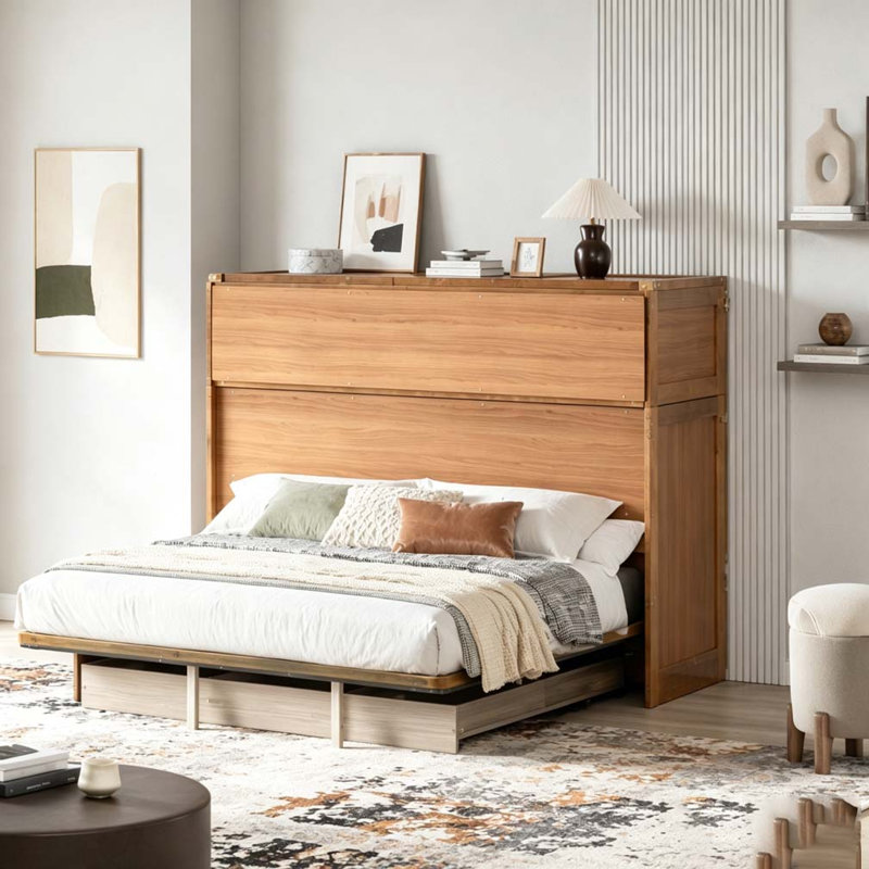 Lit escamotable, armoire en bois de pin avec station de charge USB intégrée et panneau de décoration géométrique, Noyer
