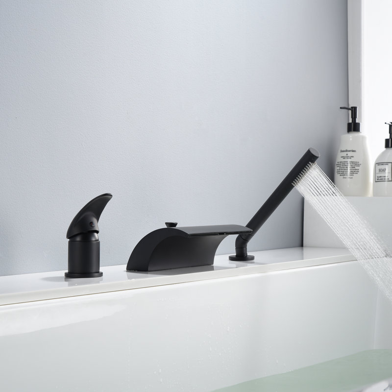 Bathtub Faucet Deck Mount, Bath Tub Faucet with High Flow Waterfall Spout, Matte Black