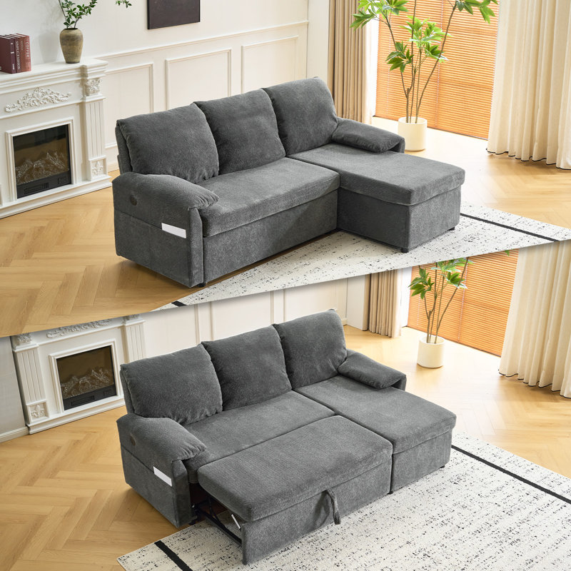 Upholstered L Shape Velvet Sleeper Sofa Sleeper Couch Pull Out Sofa Sofa Bed, Blue Gray