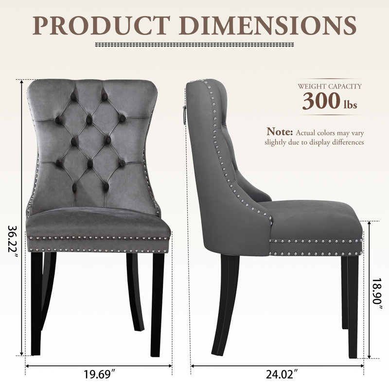 High-End Tufted Dining Chair Set, Velvet Upholstery With Nailhead Trim And Back Pull Ring, Solid Wood Legs, Gray, 8