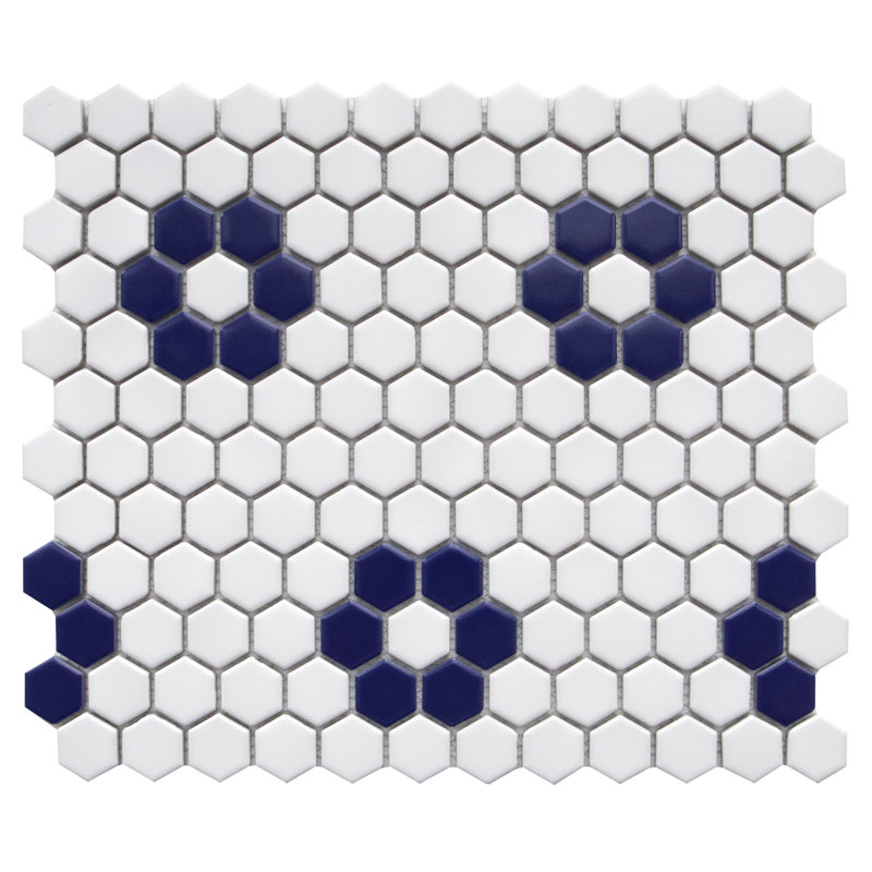 Carreau de mosaïque en porcelaine nid d'abeille 1 po x 1 po Value Series, Blanc / fleur bleu cobalt