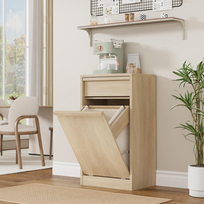 Laundry Hamper Cabinet, with Single Tilt Out Storage Baskets, 10 Gallon Farmhouse Trash Can Cabinet with Drawer, Hidden Wood Laundry Hamper for Bathroom, Kitchen (Natural)