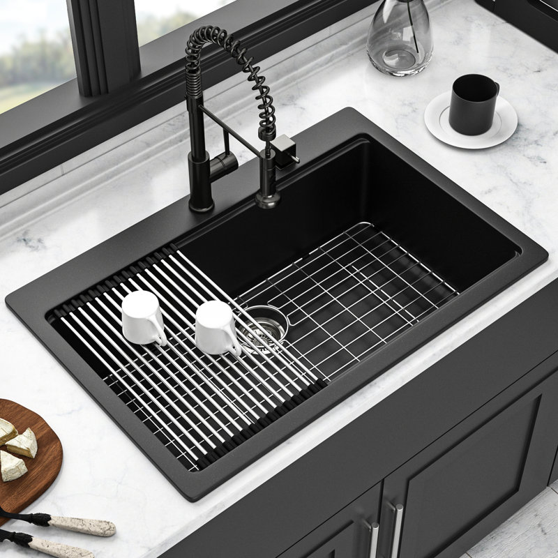 Évier de cuisine en granite noir 33 x 22 po, station de travail encastrée, épais et solide, non poreux à nettoyer, livré avec un ensemble de séchage sur surface lisse, crépines faciles à essuyer