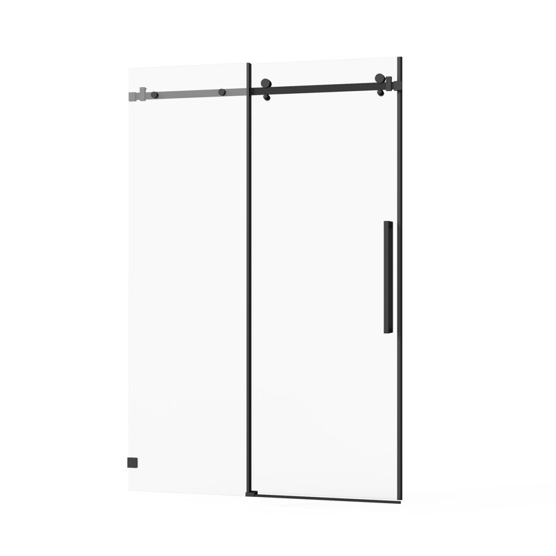 Porte de douche coulissante à largeur réglable de 44 à 48 po, verre trempé transparent de 6 mm, technologie anti-éclaboussures, conception moderne pour porte de salle de bain en verre avec roulettes en acier inoxydable de 1/4 po de 6 mm, finition noir mat