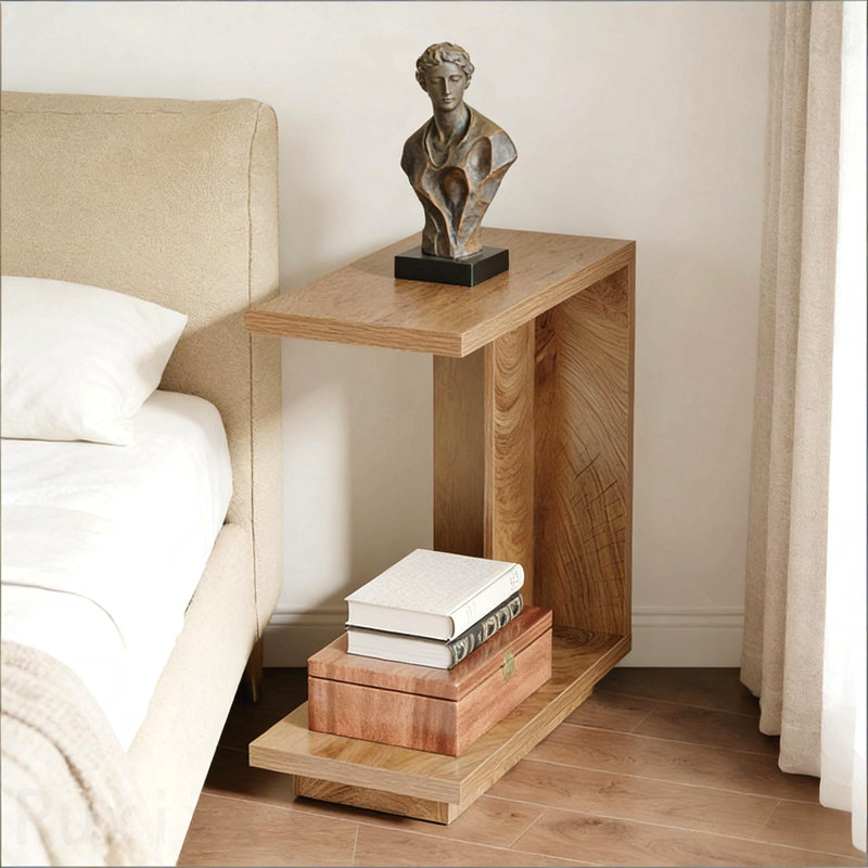 C-Shaped Modern Wooden Side End Table with Double Shelves