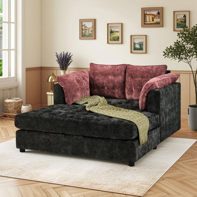 Canapé méridienne moderne 2 places, assise profonde, revêtement en chenille, coussins capitonnés et accoudoirs à oreillers
