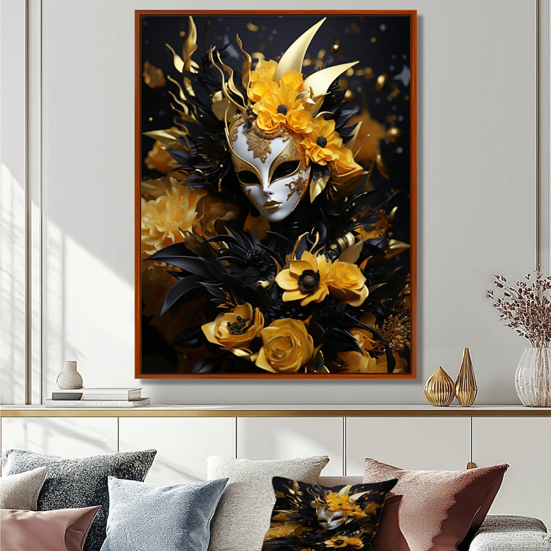 Glam Venice Mask Yellow Flowers - Modern Woman, art mural, Cadre flottant brun, H 32 po x l 24 po