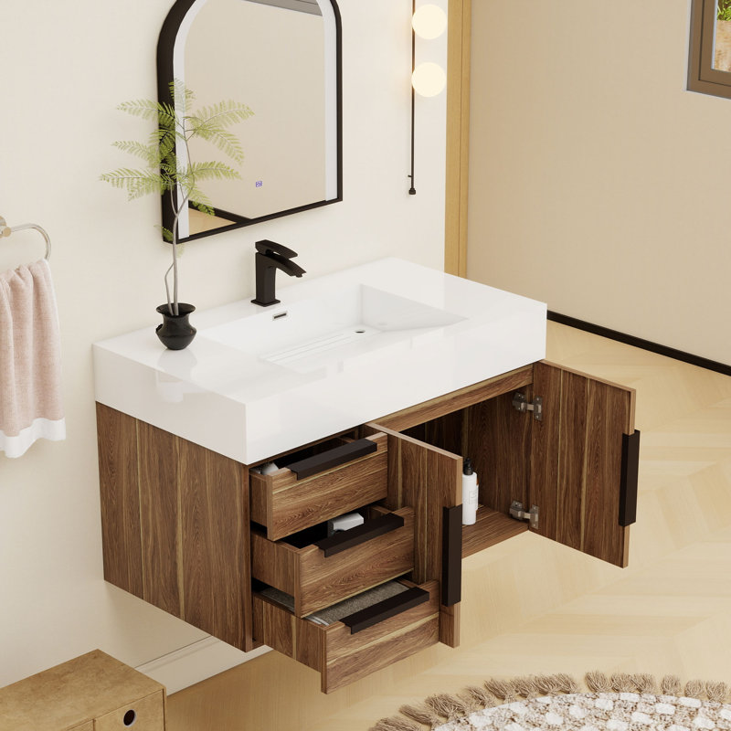Jessica 35.5 " W Free Standing Wall Mounted Single Double Single Vanity Bathroom Vanity With Acrylic Top, Natural Oak