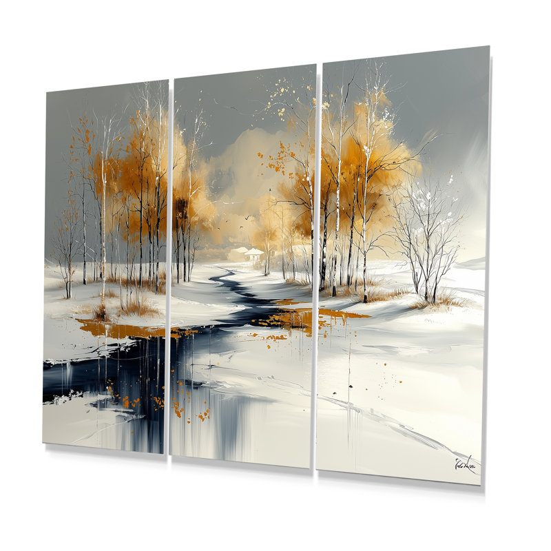 Ensemble de salon art mural doré et doré givré en hiver, Métal métal, H 32 po x l 48 po x P 1 po