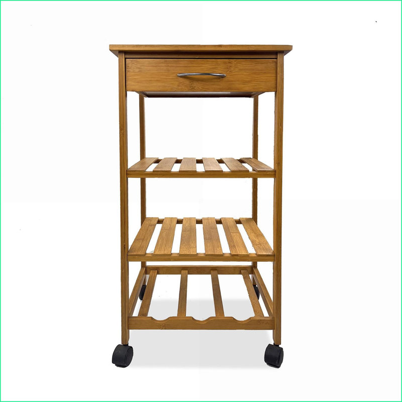 Chariot de cuisine avec 3 tablettes, tiroir et amp; Roulettes, bambou contemporain | Naturel | Bambou