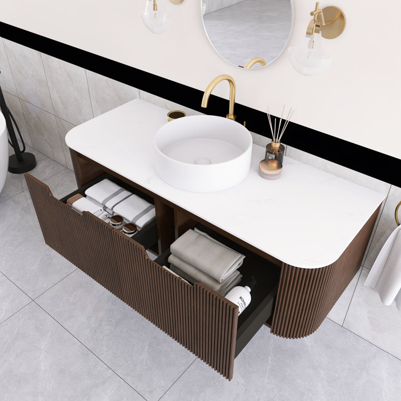 48 po Meuble-lavabo mural simple en noyer foncé flottant avec plateau en marbre artificiel, Noyer