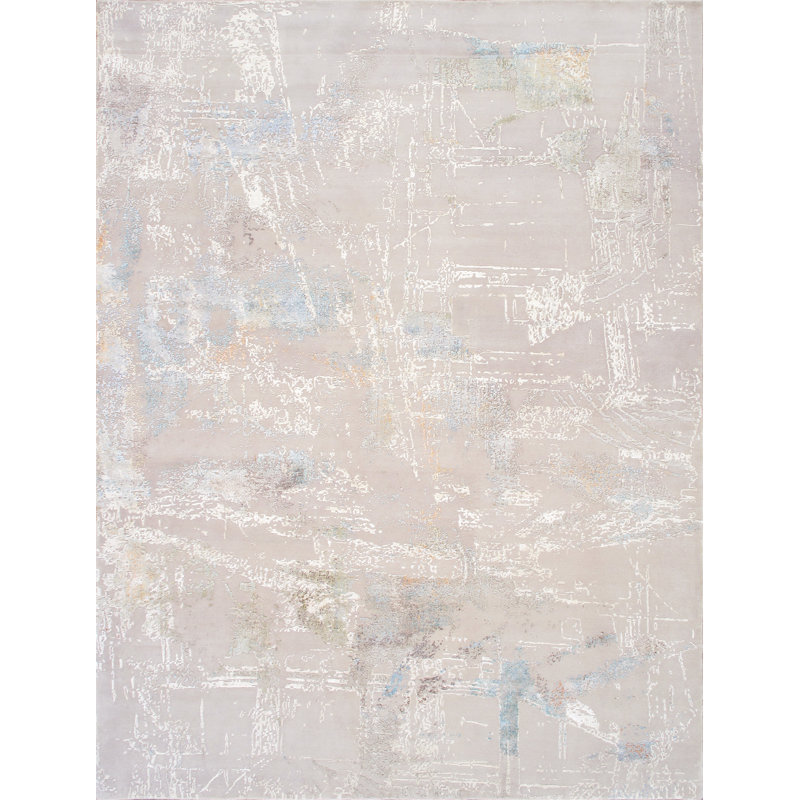 Tapis rectangulaire argenté en laine / soie noué à la main, Rectangle 10 pi 2 po x 14 pi 3 po