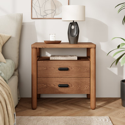 Table de chevet moderne à 2 tiroirs Lane avec tablette ouverte et pieds arrondis en bois