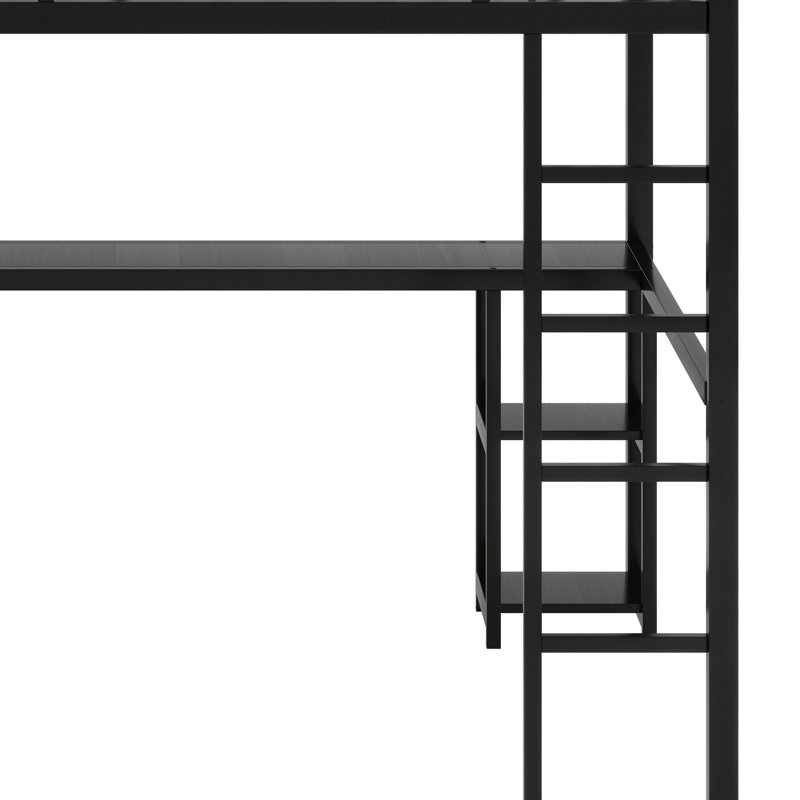 Structure de lit mezzanine en métal avec garde-robe intégrée, bureau et tablettes de rangement, Double