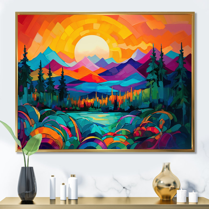 «Vibrant Sunset Shining Over Mountains II», art sur toile, H 12 po x l 20 po x P 1 po, Cadre flottant doré