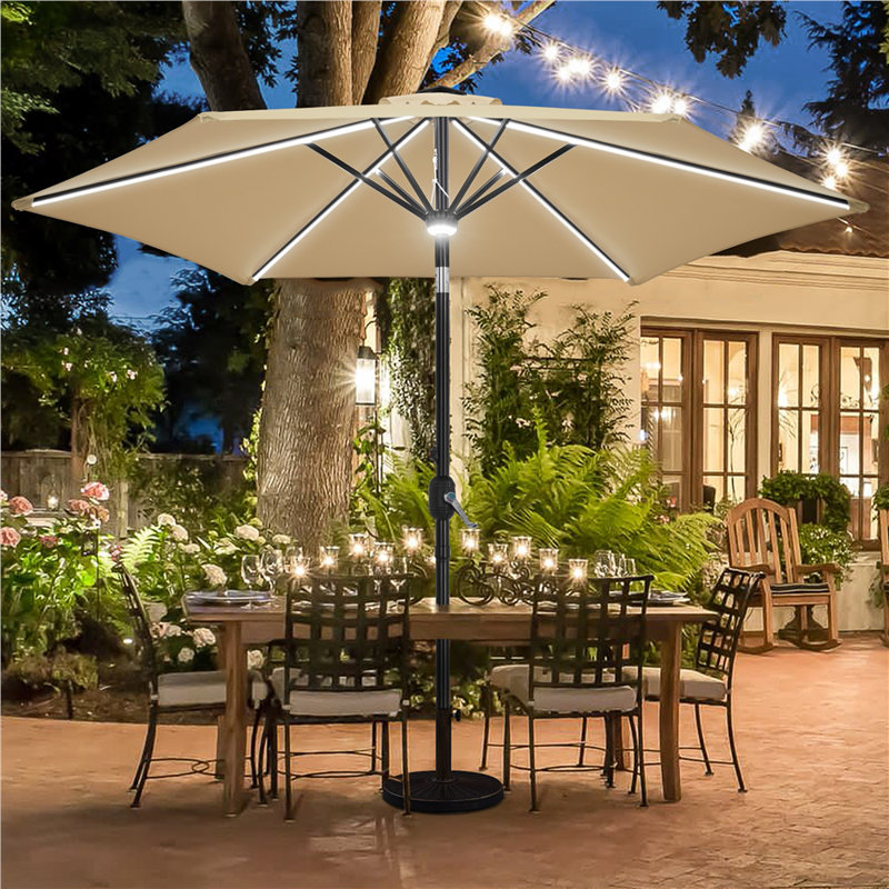 108” Solar-Powered Tilt Patio Umbrella Outdoor Parasol with Central Light, Tan
