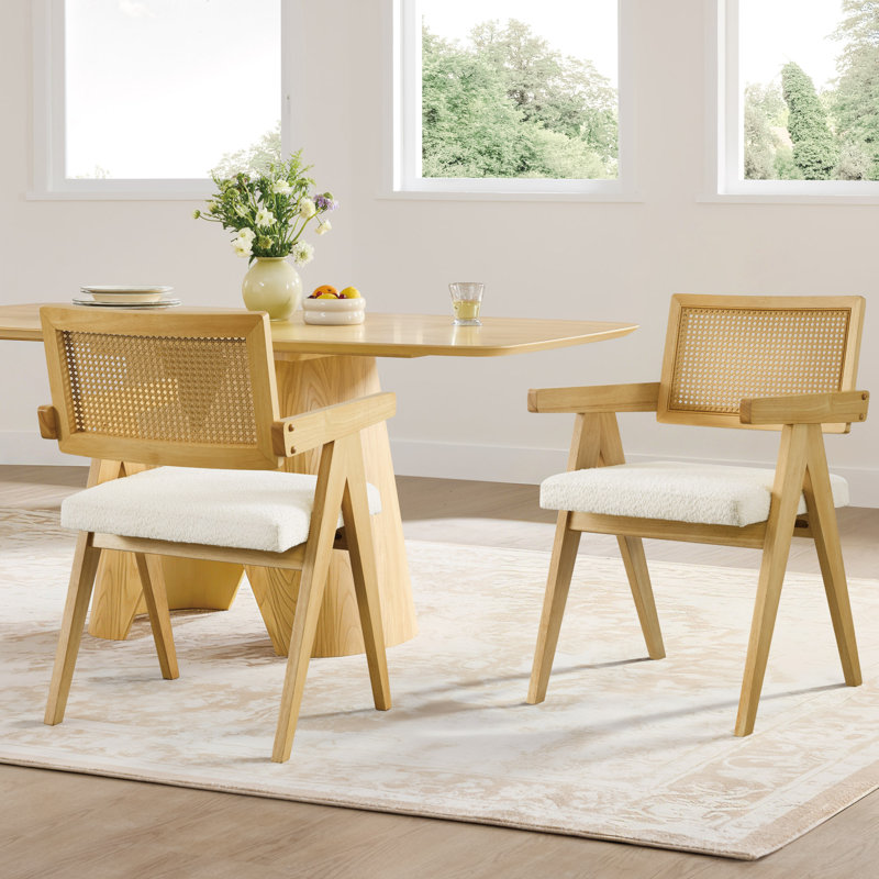 Upholstered Dining Chair with Woven Rattan Back, Oak