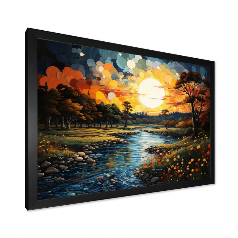 "Countryside River Bend Patchwork II", reproduction d'art sur toile, Cadre simple noir, H 12 po x l 20 po x P 1 po