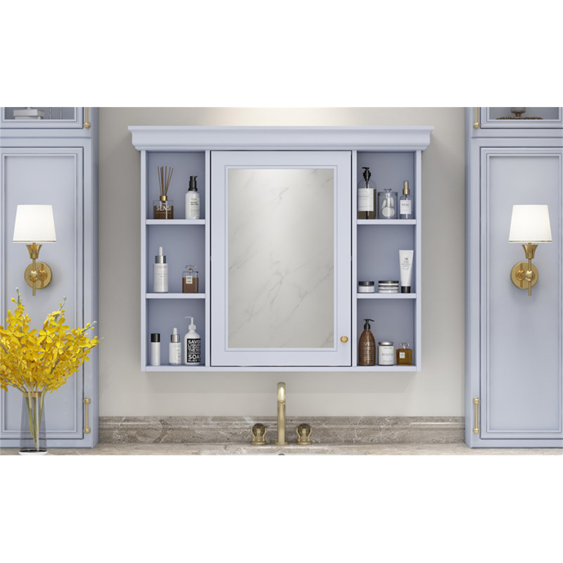 Armoire de rangement murale de salle de bain 35 po x 28 po avec porte miroir, Gris clair