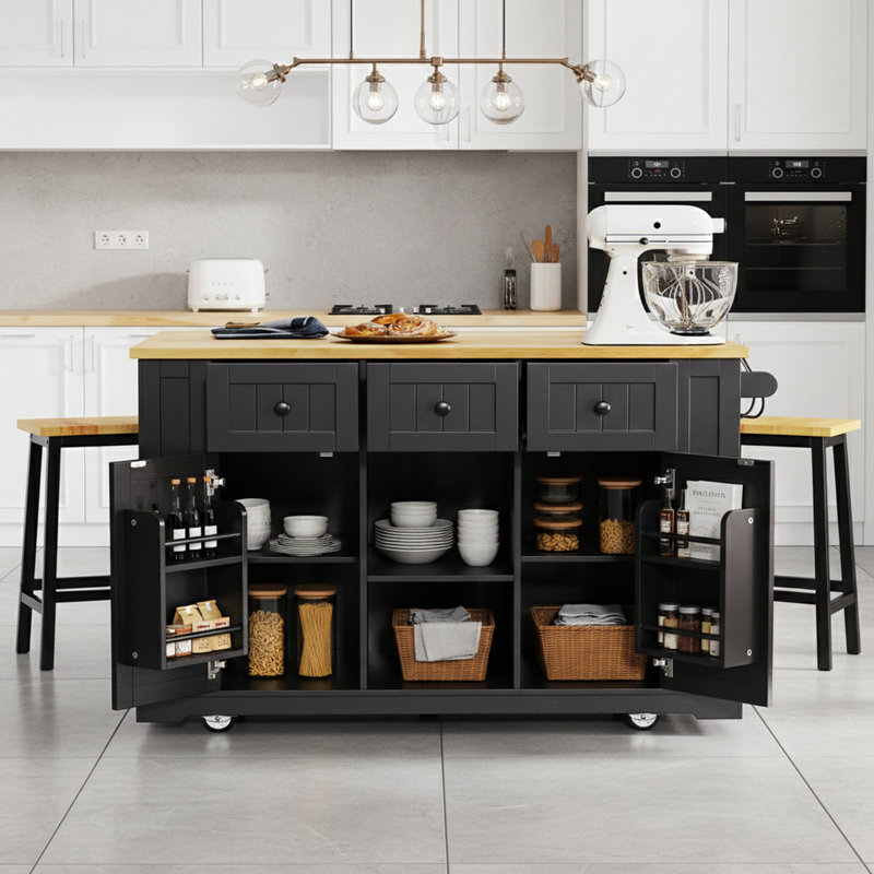 Door Internal Storage Rack Kitchen Island With 2 Bar Stools And Power Outlet, Black