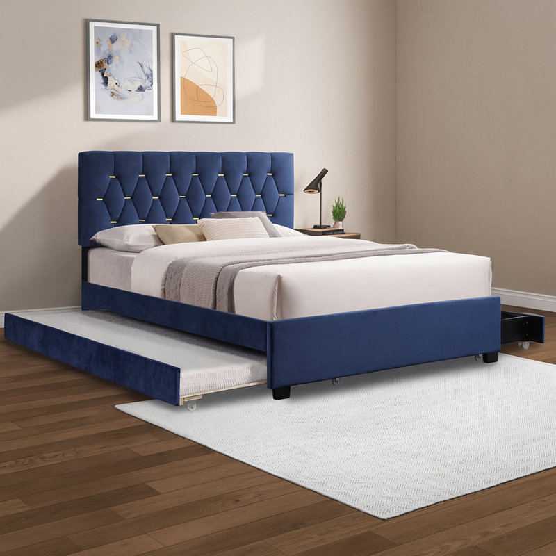 Grand lit moderne avec lit gigogne simple et 2 tiroirs de rangement