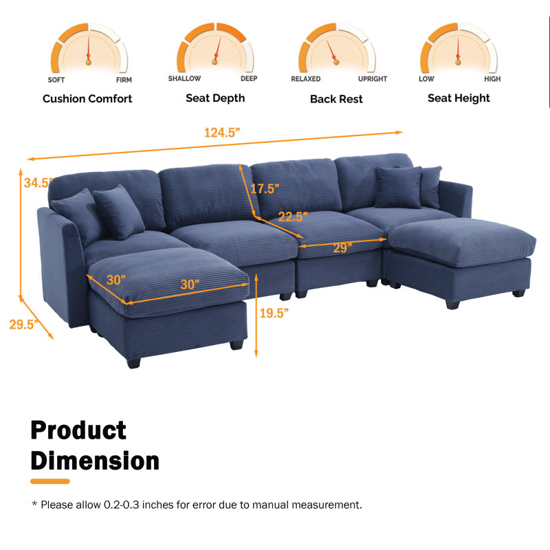 U-Shape Modular Sectional Sofa, 6-Seat Corduroy Convertible Couch with 2 Removable Ottomans & Throw Pillows, Oversized Corner Sofa with Ottoman Modules for Living Room, Apartment, Large Space