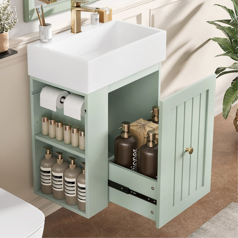 Meuble-lavabo de 20 pouces avec lavabo en céramique, armoire de rangement en panneau de fibres à densité moyenne avec tiroir, tablette latérale et poignée dorée - meuble-lavabo moderne pour les petites salles de bain
