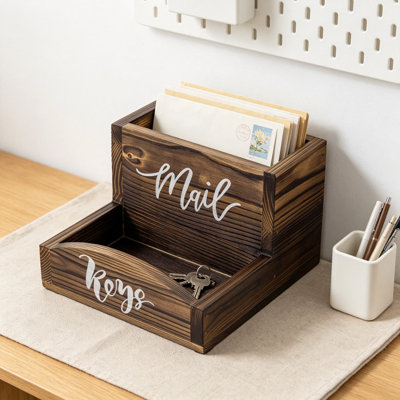 Rustic Burnt Solid Wood Mail Holder and Key Organizer, Entryway Storage Tray or Office Desktop Organizing Bin with White Cursive Lettering Labels