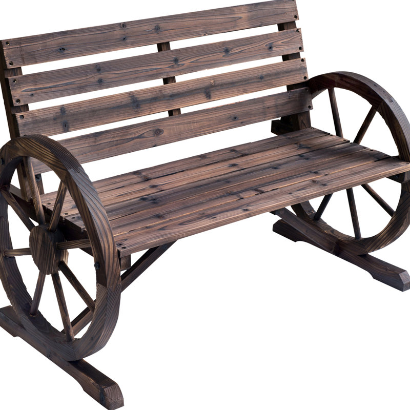 41" Wooden Patio Bench, Rustic Style With Wagon Wheel , , 2 Seat And Stable Construction, Solid Wood, Brown Bench For Patios, Delight, Weather-, Seat, Fir Wood Structure
