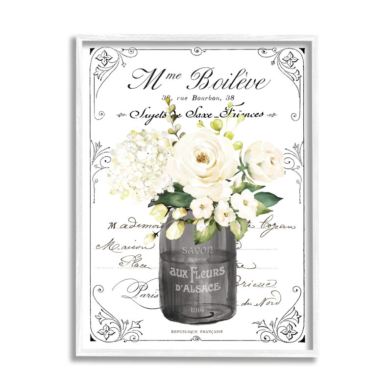 Art floral texturé sur toile blanche rétro vintage, H 20 po x l 16 po, Cadre blanc