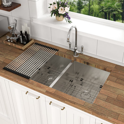 16 Gauge Stainless Steel 33 X 19 X 9 Inch Undermount Double Bowl Kitchen Sink  With 9 Inch Deep Sink