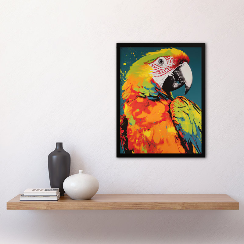 Adaha Macaw Parrot Neon Orange Green On Teal Exotic Bird - Single Picture Frame Print