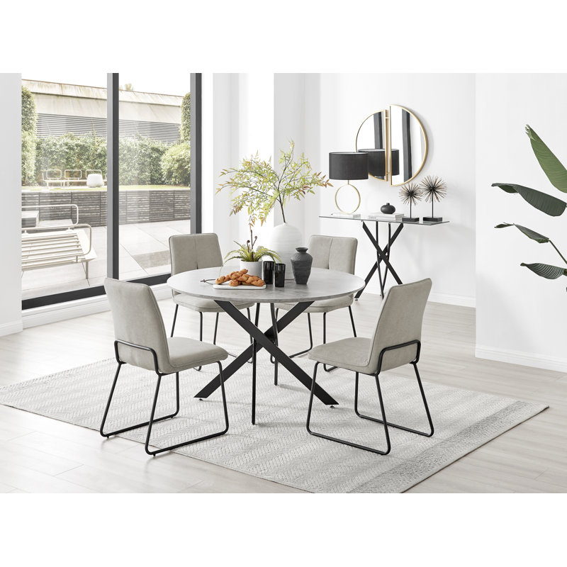 Tierra Modern Chrome Metal & Marble Effect Round Dining Table Set with 4 Chairs, Taupe, 75 x 120 x 120cm